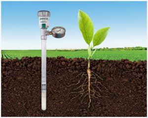 تانسیومتر شرکت Irrometer که در زمین کنار ریشه نصب شده است.